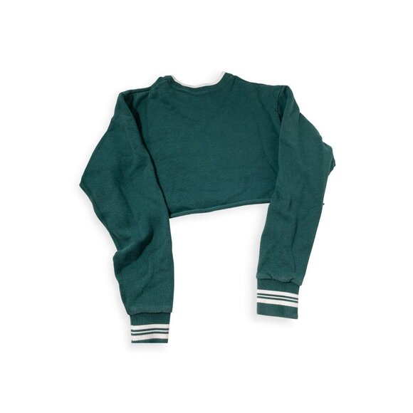 Moussy Tokyo Green Cropped Sweatshirt With Striped Cuffs & Collar Free Size 100% - Picture 5 of 10